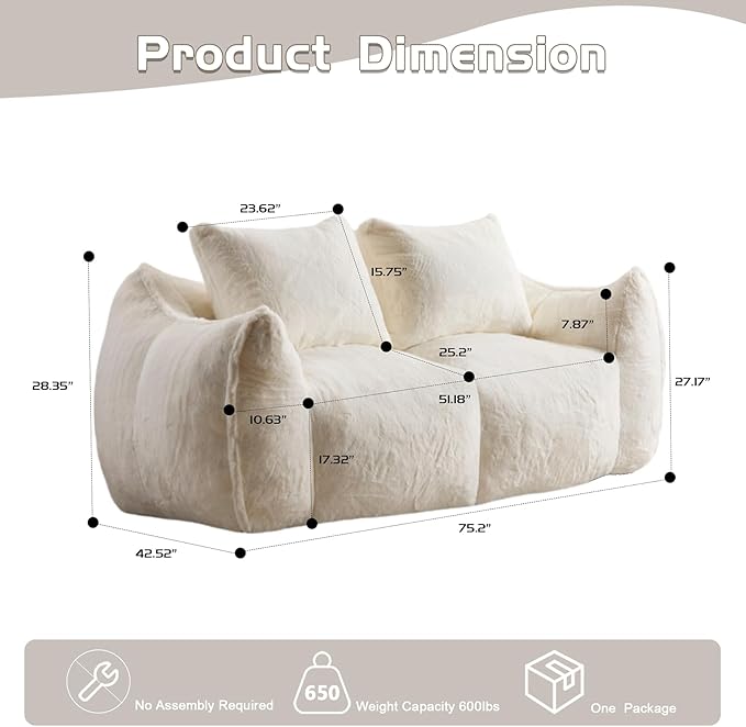 Loveseat Bean Bag Couch for Adults Soft Fluffy Giant Bean Bag Sofa Oversized Boneless Compressed Sofa Couch in a Box for Living Room Bedroom Apartment No Assembly (White)
