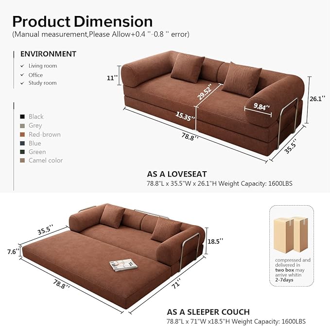 78.8 Modular Sofa Bed - 4-in-1 Convertible Design with Corduroy Fabric and High Density Sponge Removable Cover and Fixed Frame