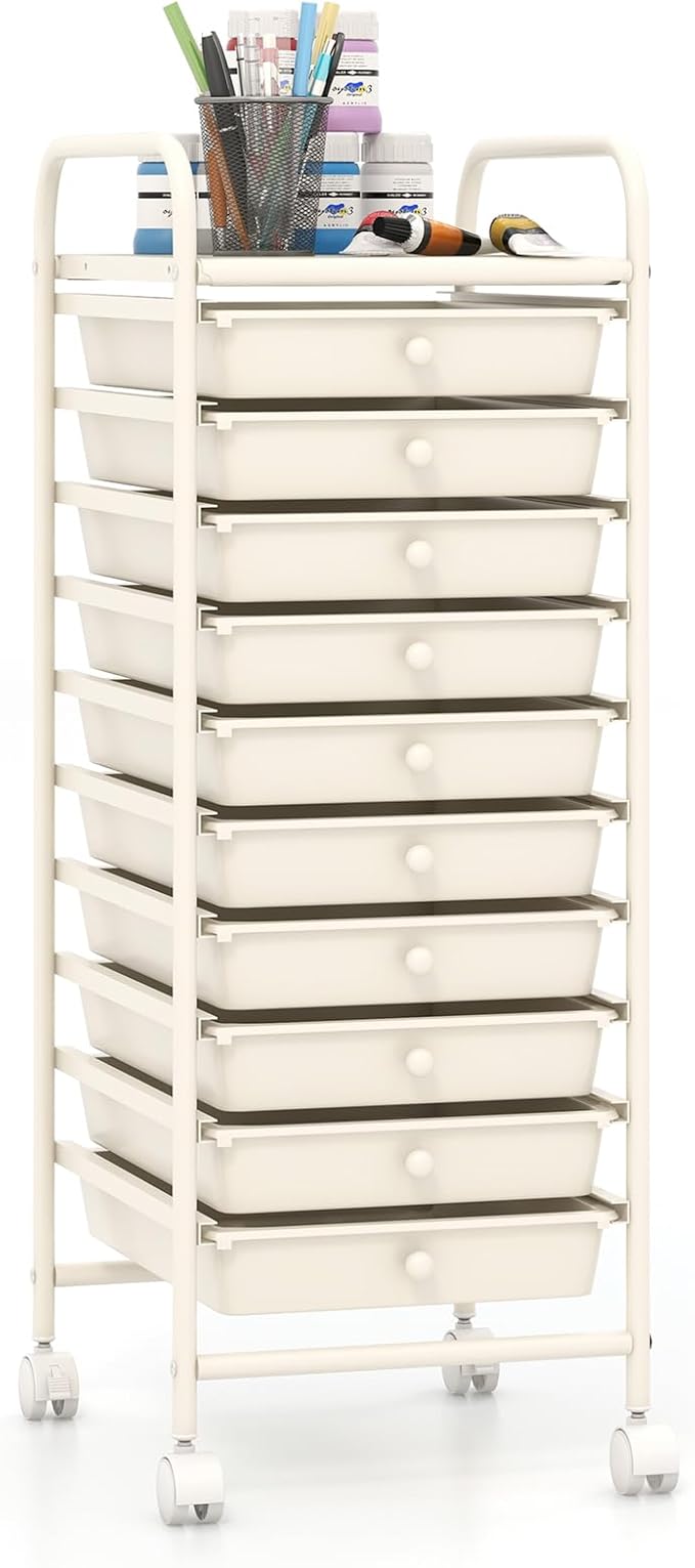 Giantex 10-Drawer Storage Cart w/Universal Wheel Rolling Cart w/Handle Home Organizer Storage Unit w/Removable Drawers Trolley Utility Cart for Kitchen Makeup Living Room Office Play Room Ivory