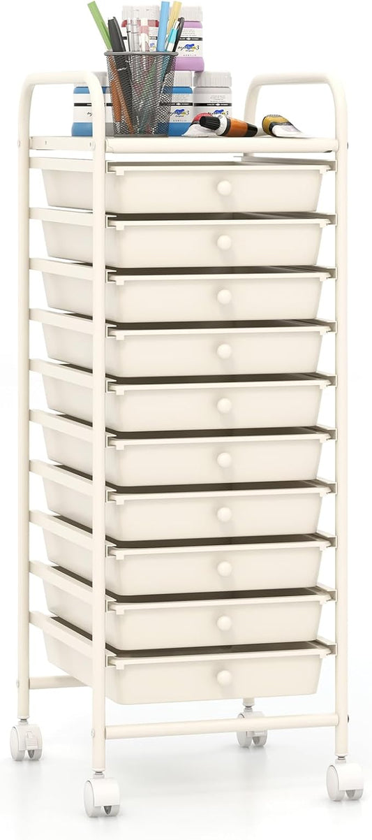 Giantex 10-Drawer Storage Cart w/Universal Wheel Rolling Cart w/Handle Home Organizer Storage Unit w/Removable Drawers Trolley Utility Cart for Kitchen Makeup Living Room Office Play Room Ivory