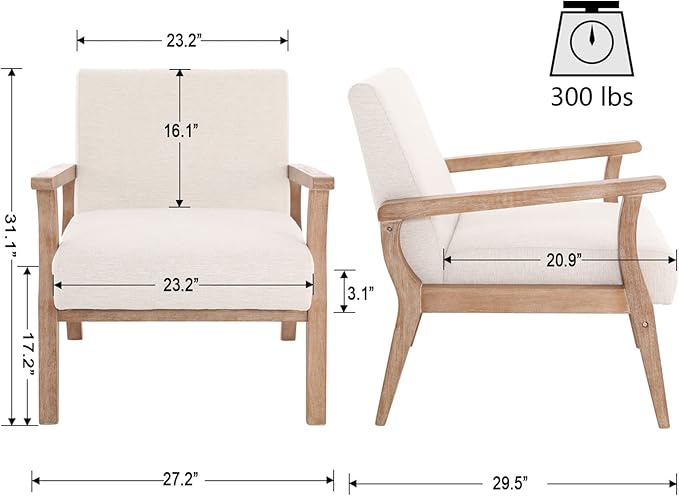 VESCASA 23.2 W Accent Chairs Set of 2 with Arms Farmhouse Side Chairs with Upholstered Seat Mid Century Modern Reading Chairs with White Wash Wood Legs for Living Room/Bedroom White Linen
