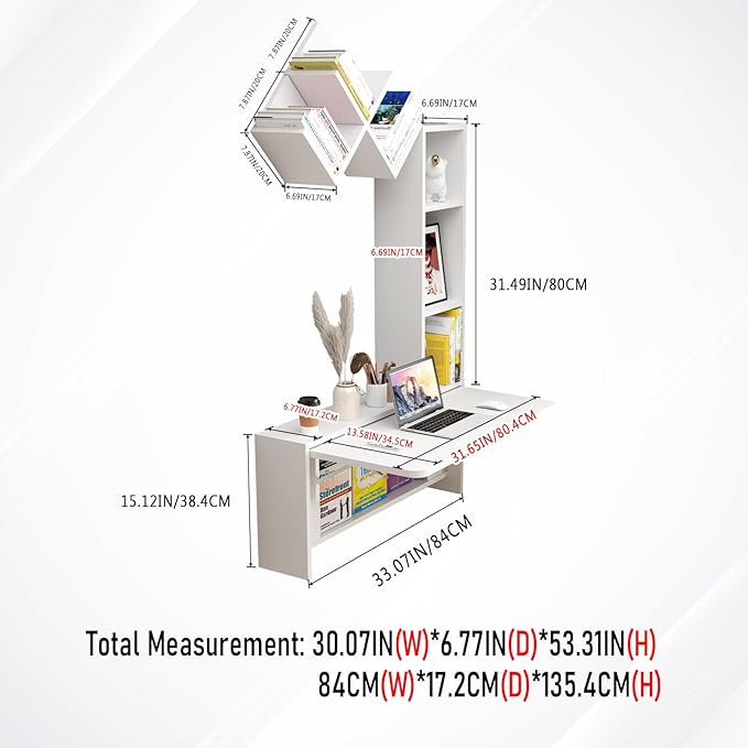 Folding Wall Mounted Drop Leaf Table Foldable Desk with Moveable Cabinets Floating Laptop with Convertible Storage Shelves Multifunctional Computer Workstation in Home for Space Saving