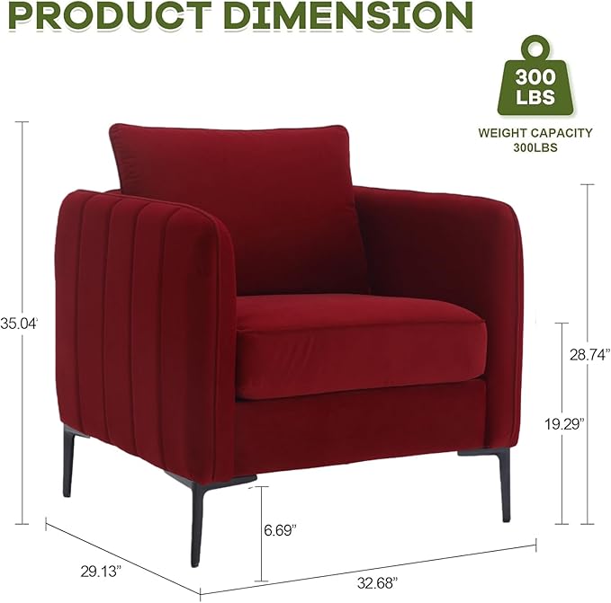 Wine Red Accent Chair for Living Room Modern Upholstered Accent Chair Comfy Velvet Armchair with Thick Cushion Single Sofa Arm Chairs for Bedroom Office Reading RoomClub (Wine Red)