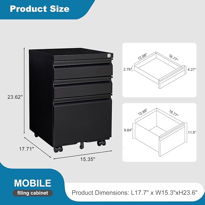 3 Drawer Mobile File Cabinet Under Desk Office with Lock Metal Filing Cabinet to be Installation Required Under Desk Metal Filing Cabinets Legal/Letter/A4 File (Black)
