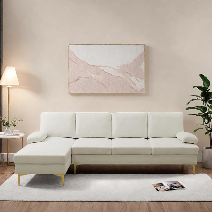 FONTOI L Shape Sofa with Chaise 4 Seat Living Room Sofa Set with Golden Wooden Leg Sectional Couch with Fluffy Fabric for Living Room Apartment Off-White