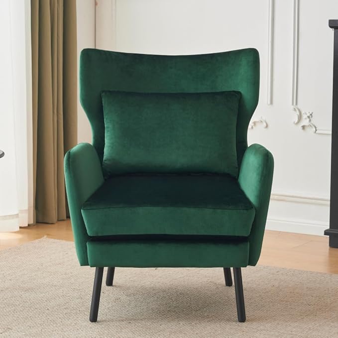 Chair reclinerWingback Velvet Accent Chair Modern Upholstered Armchair for Living Room Bedroom and Reception Area Comfortable Single Sofa Chair with Metal Legs and Pillow (Green + Velvet)