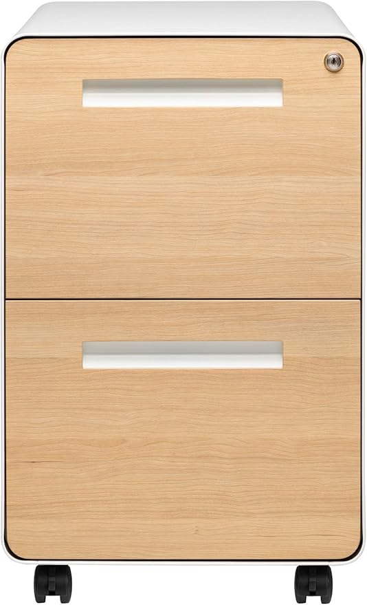 Laura Davidson Furniture Stockpile 2 Drawer Mobile File Cabinet with Lock - Under Desk Metal Filing Cabinet Legal/Letter File Folders Wheels and Stationary Feet Pre-Assembled White/Wood