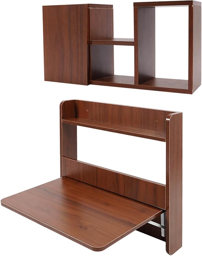 Wall Mounted Folding Table with BookshevesFloating Desk with BookcaseWooden Fold Down Laptop Table for Small SpaceHome Office BedroomStudy RoomDormWalnut Color