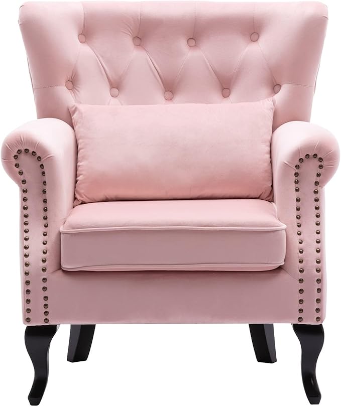chairus Mid-Century Modern Accent Chair Comfy Tufted Single Sofa Chair Wingback Armchair with Pillow for Club Living Room Bedroom - Velvet Pink