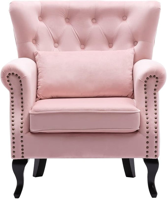 chairus Mid-Century Modern Accent Chair Comfy Tufted Single Sofa Chair Wingback Armchair with Pillow for Club Living Room Bedroom - Velvet Pink