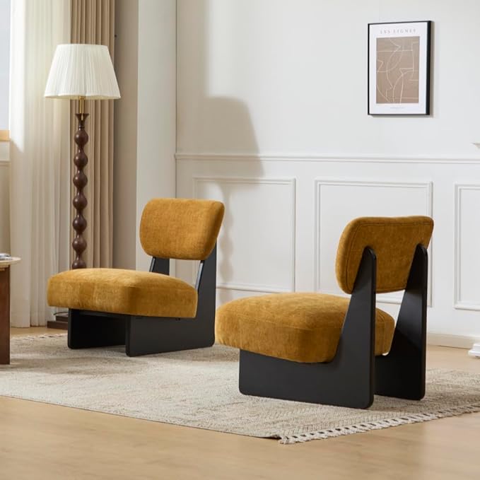 [Set of 2] Modern Beige Lounge Chair with Polyester Upholstery Sturdy Black Wood Base Stylish and Comfortable Accent Seating for Living Room (Black + Yellow + Polyester + Solid Wood)