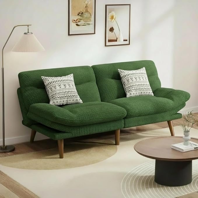 Pipishell Futon Sofa Bed Modern 66 Futon Couch Convertible to Bed &amp Lounger Compact Size Corduroy Loveseat Durable Construction - Fits Small Spaces ApartmentsStudy Room(Seaweed Green 66 In