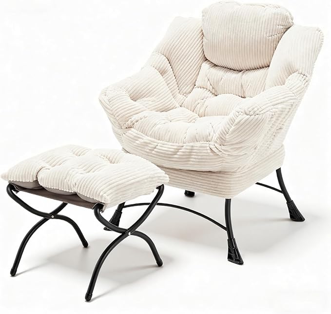 Oversized Lazy Chair with Ottoman for Adults Chair and Ottoman Set Modern Skinny Lounge Chair with Footrest Wide Reading Chair for Living Room Comfy Accent Armchair for Small Spaces White