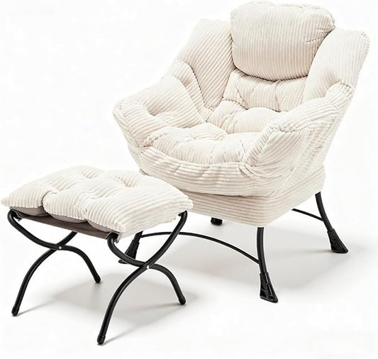 Oversized Lazy Chair with Ottoman for Adults Chair and Ottoman Set Modern Skinny Lounge Chair with Footrest Wide Reading Chair for Living Room Comfy Accent Armchair for Small Spaces White