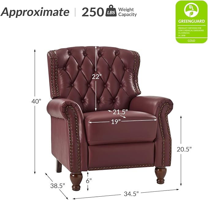 HULALA HOME Genuine Leather Recliner Chair with Solid Wood Feet Modern Adjustable Tufted Push Back Arm Chair w/Rivet Decoration Home Theater Seating Single Reclining Sofa for Living Room Burgundy