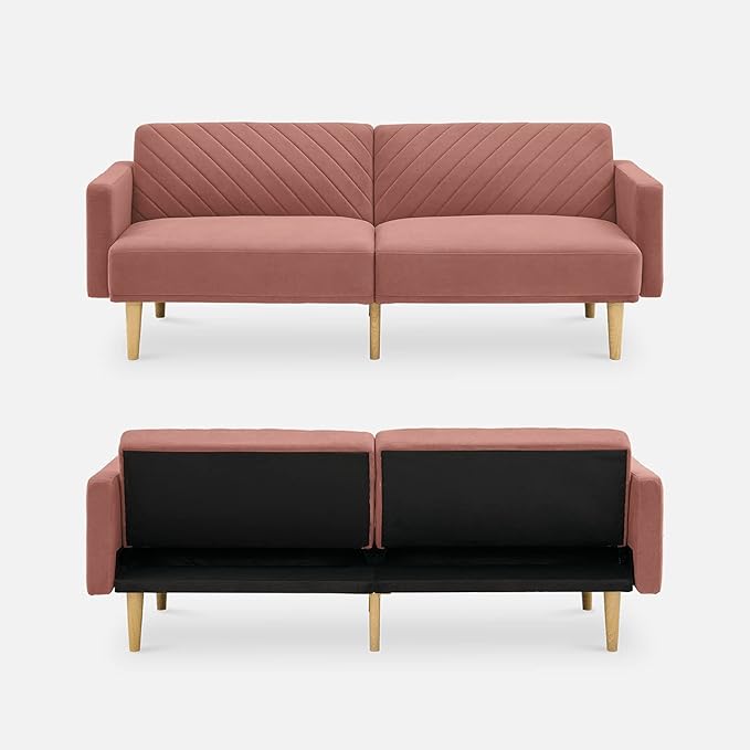mopio 76.4 Futon Sofa Bed Couch Loveseat Sleeper Sofa Mid Century Modern Futon Couch Sofa Cama Couches for Living Room (Old Rosa Velvet)