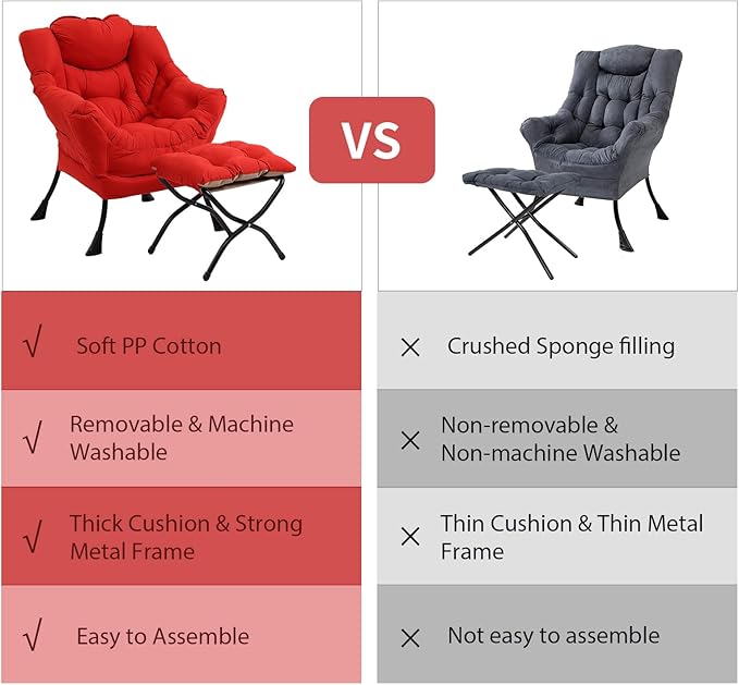 Lazy Chair with Ottoman Modern Accent Chair with Armrests and a Side Pocket Red Accent Chairs Comfortable Reading Chairs Oversized Armchairs for Bedroom Study Living Room Courtyard