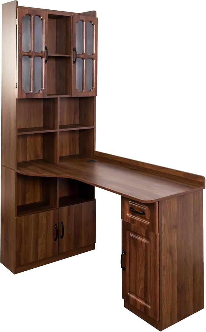 L-Shaped Corner Computer Desk for Home Office 52'' Writing Study Desk with Drawer &amp Bookshelf &amp Hutch Corner Gaming Computer Table with Storage Walnut