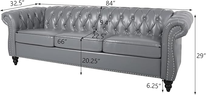 RARZOE Modern 3 Seater PU Chesterfield Sofa Upholstered Tufted Button Leather Chesterfield Couch Classic Faux Leather Settee with Nailhead Trim Scroll Arms for Living Room Bedroom(Grey)