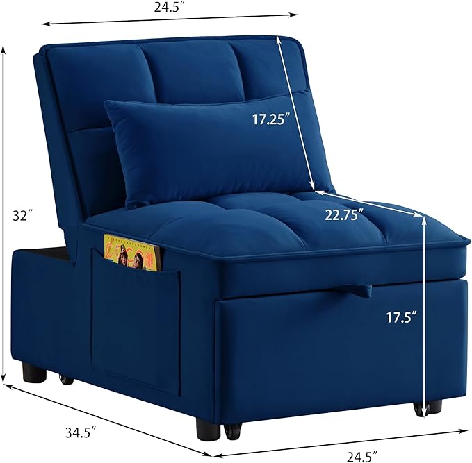 4 in1 Multi-Function Single Sofa Bed with Storage PocketsTufted Single Pull-Out Sofa Bed with Adjustable Backrest and PillowsConvertible Chaise Loungefor Small Room Apartment (Navy)