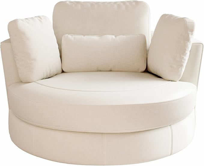 49.6''W Swivel Accent Barrel Chair Oversized Chenille Upholstered Round Single Couch Sofa with 4 Pillows for Living Room Apartment Bedroom (Beige).
