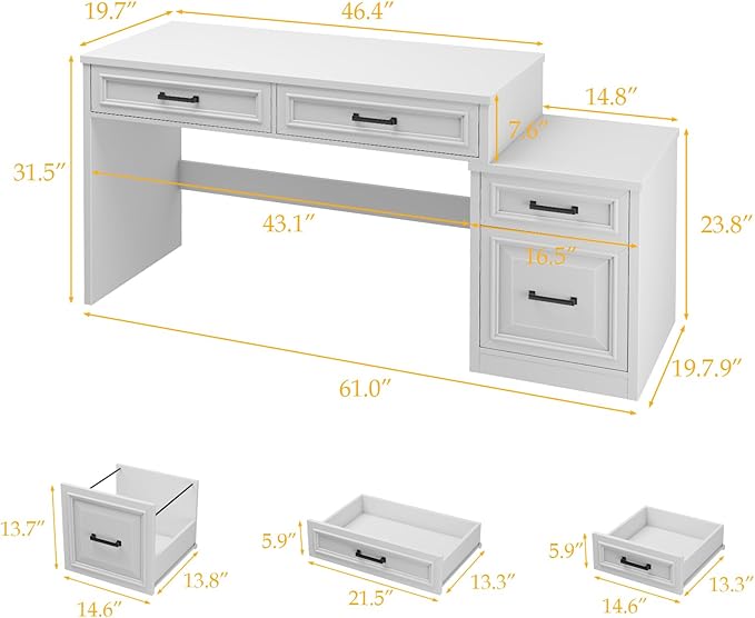 Vabches 61 Farmhouse Computer Desk with Storage and File Drawer Executive Desks with Printer Stand Rustic Large Home Writing Desk for Home Office.White