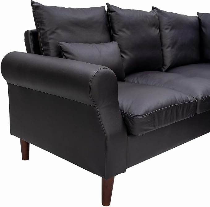 Panana Upholstered Sofa Couch Linen Fabric/Artificial Leather L Shaped Corner Sectional Modern Living Room Sofa (Black Faux Leather 5 seat Right Corner with Built-in USB Port)