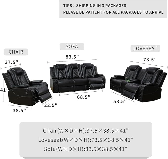 Power Reclining Loveseat Set Living Room Furniture Sets Black Breathing Leather Power Recliner Sofa Lovseat with 2 Recliner Seats/LED Light/Cup Holders/Storage Console for Living Room/Rv Car
