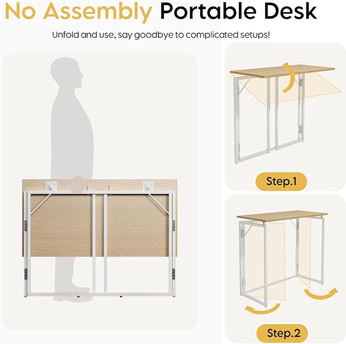 Folding Desk - 31.5 Wood Top Foldable Desk for Small Spaces | No Assembly Required Compact Desk for Home Office Writing and Study