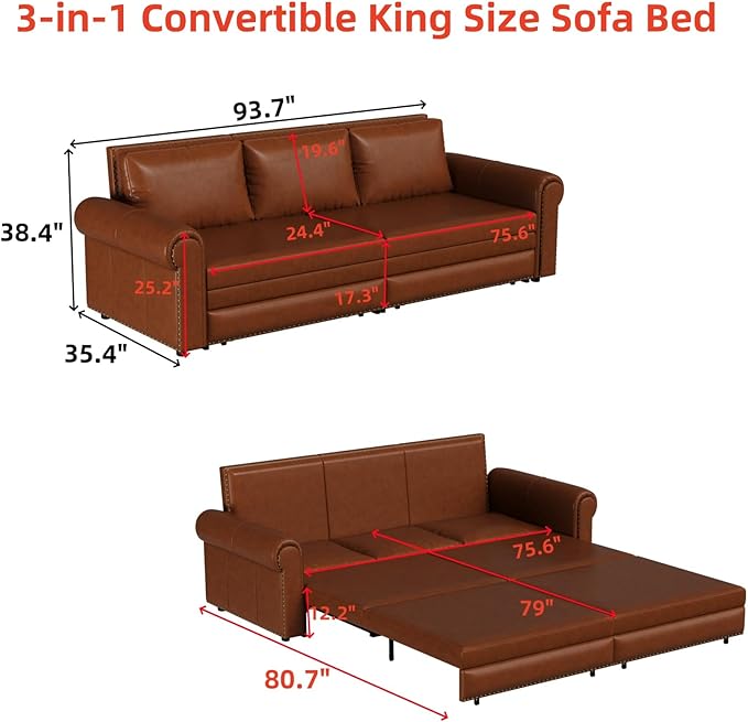 93.7 King Size Chesterfield 3-seat Pull Out Sofa Bed Leather Sofa Bed with Nailhead Trim and Rolled Arm 3-in-1 Sofa Sleeper for Living Room Apartment Office Light Brown