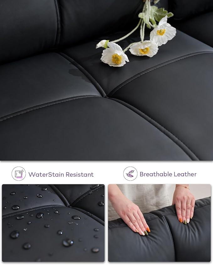 TYBOATLE 116’’ W Black Faux Leather Sectional w/USB and Cup Holders for Living Room Comfy Tufted U Shaped Sofa Couch w/Chaise Lounge Office Leather Sofa for Bedroom