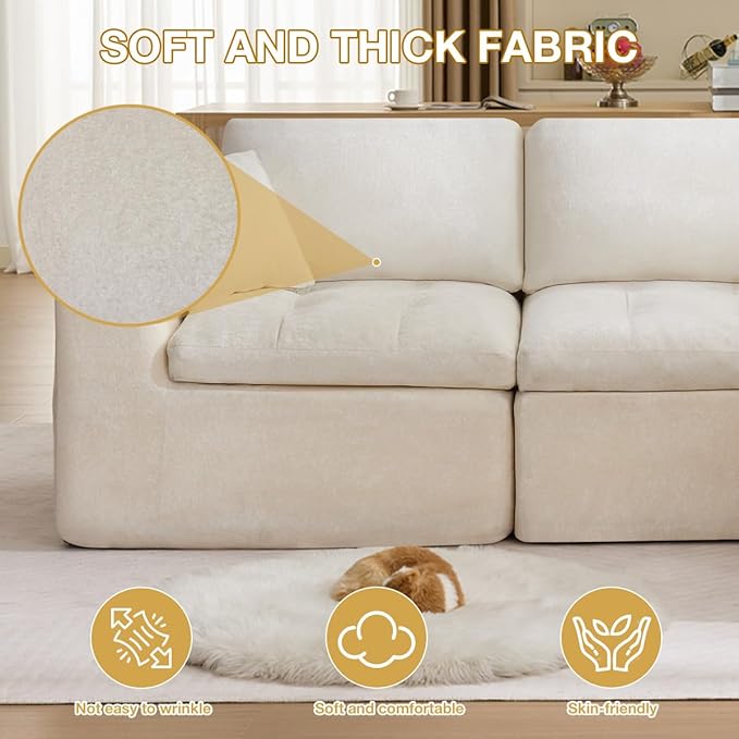 110 Cloud Sectional Couch for Living Room Upholstered L-Shape Modular Sofa with Movable Ottoman 3-Seater Deep-Seat Foam Couch Comfortable Convertible Sectional for Home &amp Apartment（Beige）