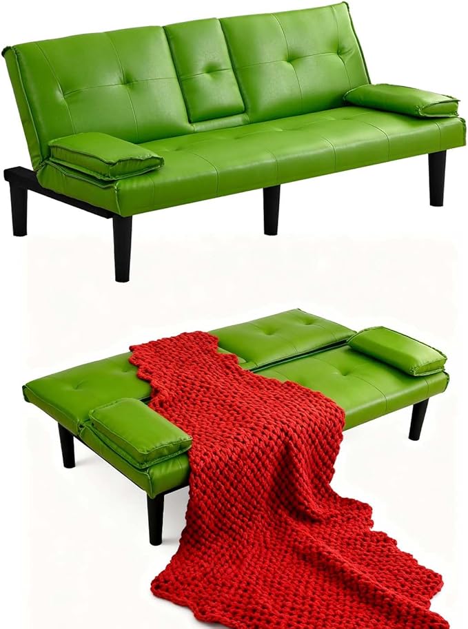 67 Futon Sofa BedConvertible Sofa Bed with 2 Cup HoldersSleeper Couch PVC Leather Removable Soft Armrest Small Couch for Living Room Apartments ﻿ (Green)