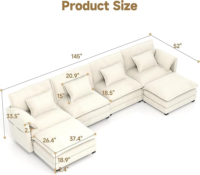 Real Relax 145'' Modular Sectional Sofa U Shaped Chenille Convertible Couch with Movable Ottoman 8 Pillows and 2 Armrest Pillows for Living Room Office and Leisure Places Beige