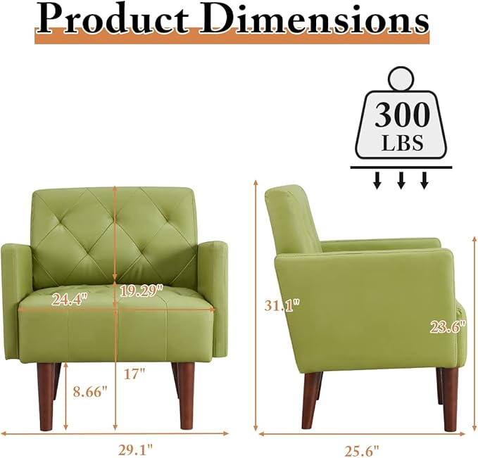 Faux Leather Accent Chair Modern Retro Arm Chair for Living Room and Bedroom Tufted Upholstered Sofa Club Chair Comfy Armchair for Small Spaces Bedroom Office (Olive)