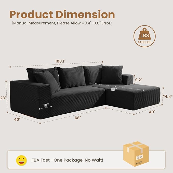 108 L-Shaped Boneless Couch Modular Sectional Sofa with Moveable Ottoman Corduroy Cloud Couches for Living Room No Assembly Ship in a Box Black