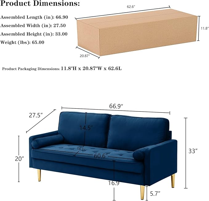 Modern Navy Tufted Velvet Loveseat Futon Club Two Seater Sofa Compact for Living Room Studio Office Dormitory Breathable Spring Small Sofas for Entertainment Room Suitable Bedroom (67 Navy)