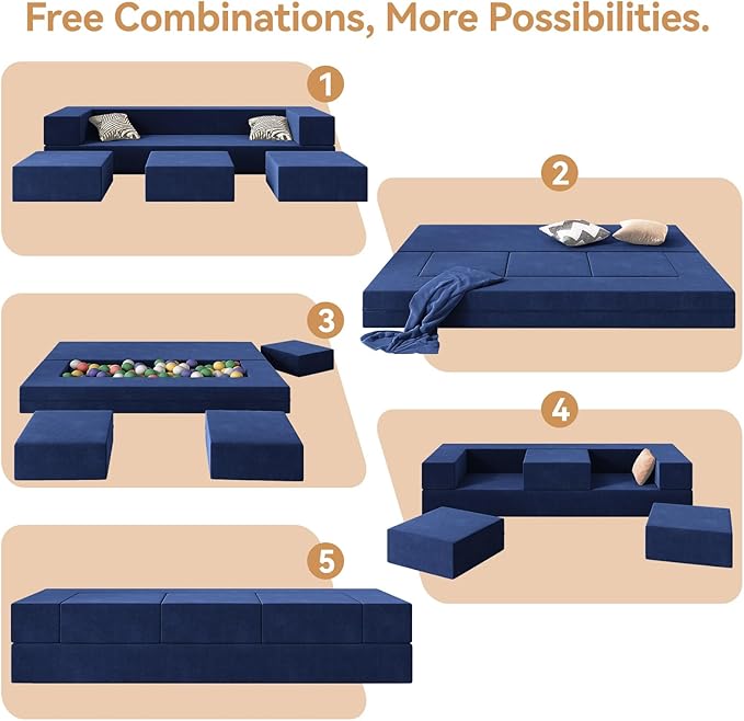 Folding Sofa Couch Queen 3-in-1 Floor Couch Bed Velvet Foam Sleeper with 3 Ottomans Removable Cover Futon Convertible Sofa Bed for Living Room/Guest/Play Room/Office/Dorm(Dark Blue)