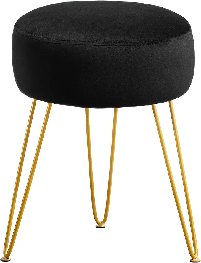 LUE BONA Vanity Stool Black Vanity Stools for Makeup Room Round Ottoman Foot Stool Velvet Footrest Vanity Chair for Bathroom Vanity Bedroom Living Room Entryway Offices