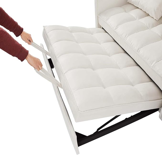 Sleeper Sofa Couch w/Pull Out Bed 53 Modern Velvet Convertible Sleeper Sofa Bed Small Love seat Sofa Bed with 2 Pillows &amp Side Pockets for Small Space Living Room Apartment Off White