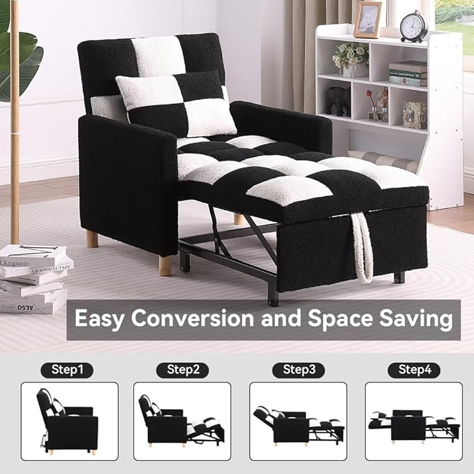 Sleeper Chair BedConvertible Single Sofa Chair Bed with PillowPull Out Sleeper Bed with Adjustable BackrestMulti-Functiona Lounge Chair with Teddy Fabric for Living Room(Black White)