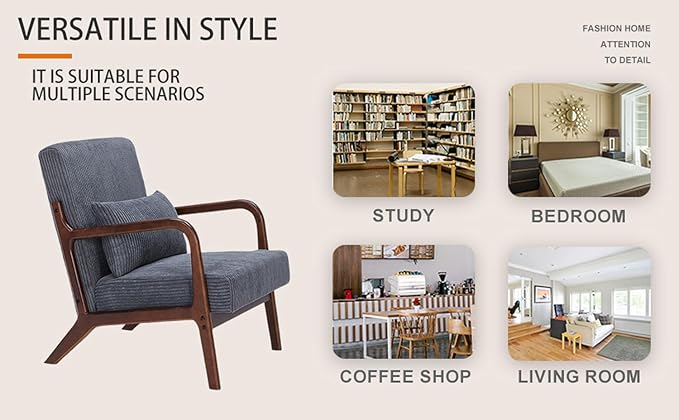 Mid Century Modern Accent Chair with Waist CushionComfy Upholstered Lounge Chair Ergonomic Reading Chair with Solid Rubberwood Frame for Living Room Bedroom (Antique Dark Grey+Brown)