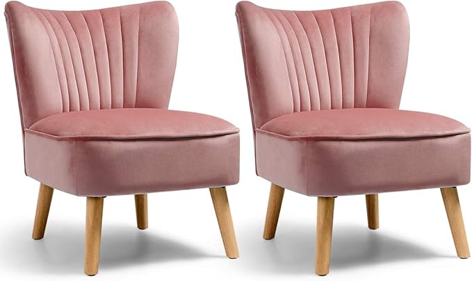 Giantex Set of 2 Velvet Accent Chair Upholstered Modern Sofa Chair w/Wood Legs Thickly Padded Small Armless Wingback Club Chairs for Living Room Bedroom Furniture