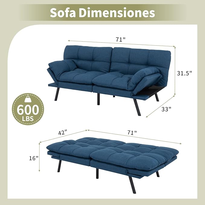 Vipbear 71 Futon Sofa Bed - Convertible Sofa Beds/Adjustable Backrest &amp ArmrestDetachable Cushion Loveseat Sleeper for Small Spaces Apartments &amp Offices Blue Futons