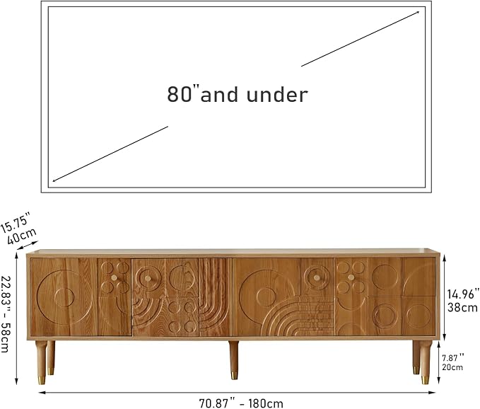 Modern TV Stand for 80 inch TV 70.9 Entertainment Center with Carved Geometric Doors TV Console with 4 Cabinet Storage Retro Art-Inspired Media Console for Living Room/Bedroom - Wood