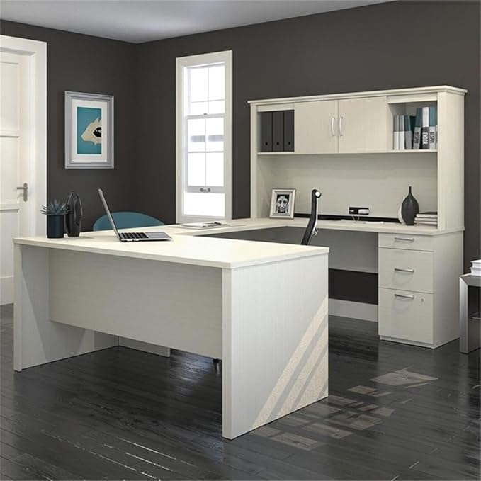 Atlin Designs 66 W x 95.5 D Modern Contemporary U-Shaped Wood Computer Desk with Hutch for Home Office Fully Reversible Unit in White &amp Chocolate Finish
