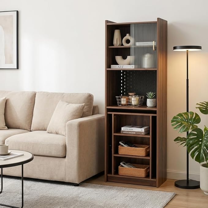 Hidden Desk Fold Out Desk with Storage - Craft Storage Cabinet &amp Fold Out Table for Home Office Bedroom Dorm Apartment | Anti-Tip Sliding Glass Doors Open Shelves &amp PegboardWalnut
