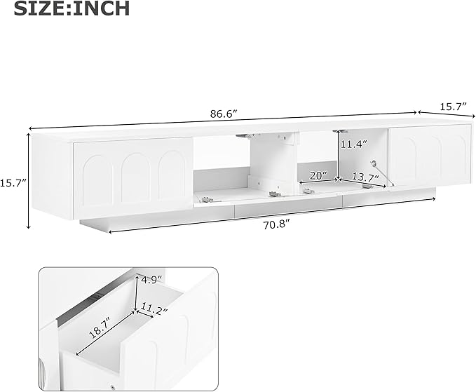 Merax TV Stand for Televisions Up to 95'' Functional Media Console with APP-Controlled Smart LED Light Arched Cabinet Doors and Fluted Glass Doors Entertainment Center for Living Room White