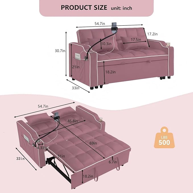 Loveseat Pull Out Couch 3 in 1 Convertible Sofa Bed Adjustable Backrest with Phone Holder Side Pocket &amp USB Port Modern Sofa for Living Room Bedroom Apartment (Pink)