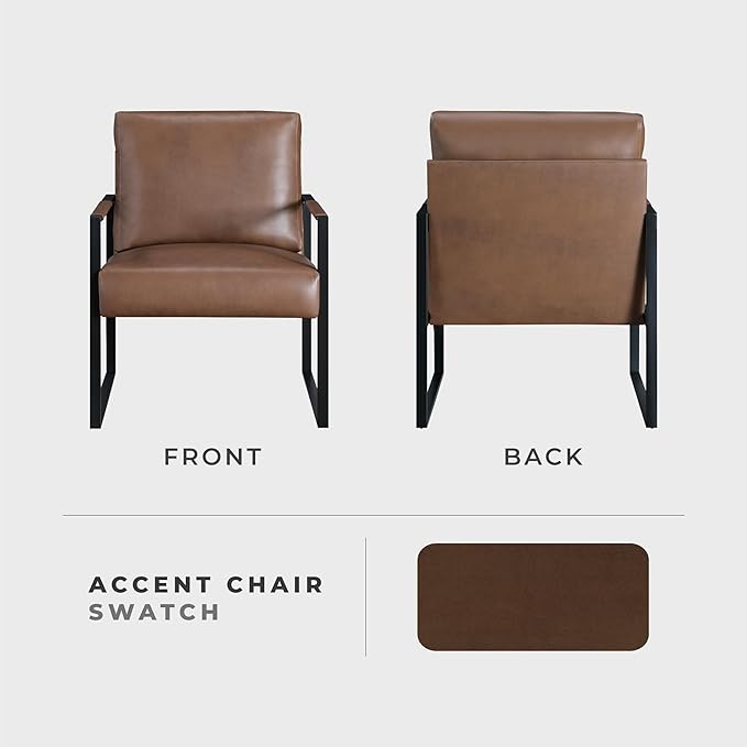 Lexicon Modern Accent Chair Faux Leather Upholstered Living Room Chair with Wrapped Armrests Arm Chair with Black Metal Frame Comfy Single Chair for Living Room/Bedroom/Reading Room/Office Brown